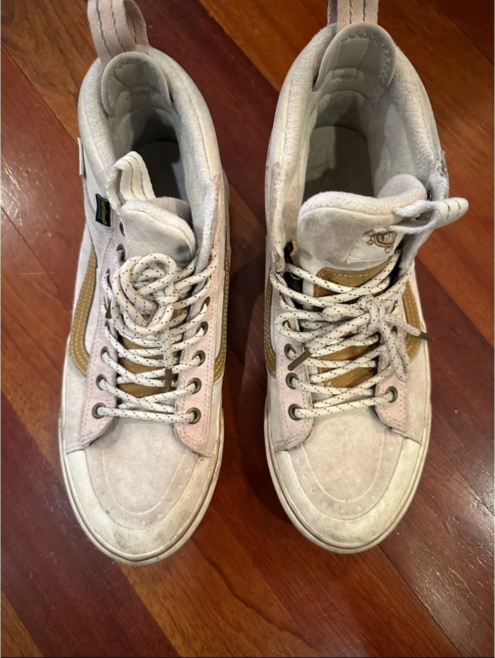 Vans High Top Sneakers in light pink, grey and white with Mustard Stripe MTE